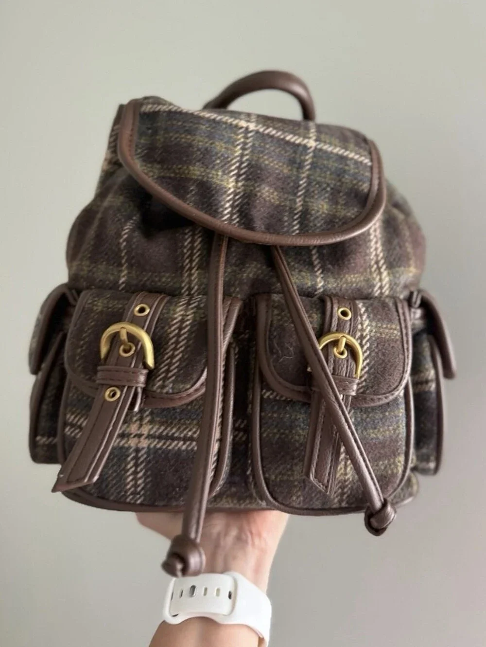 Madden Girl Brown Plaid Mini Backpack with Gold Hardware